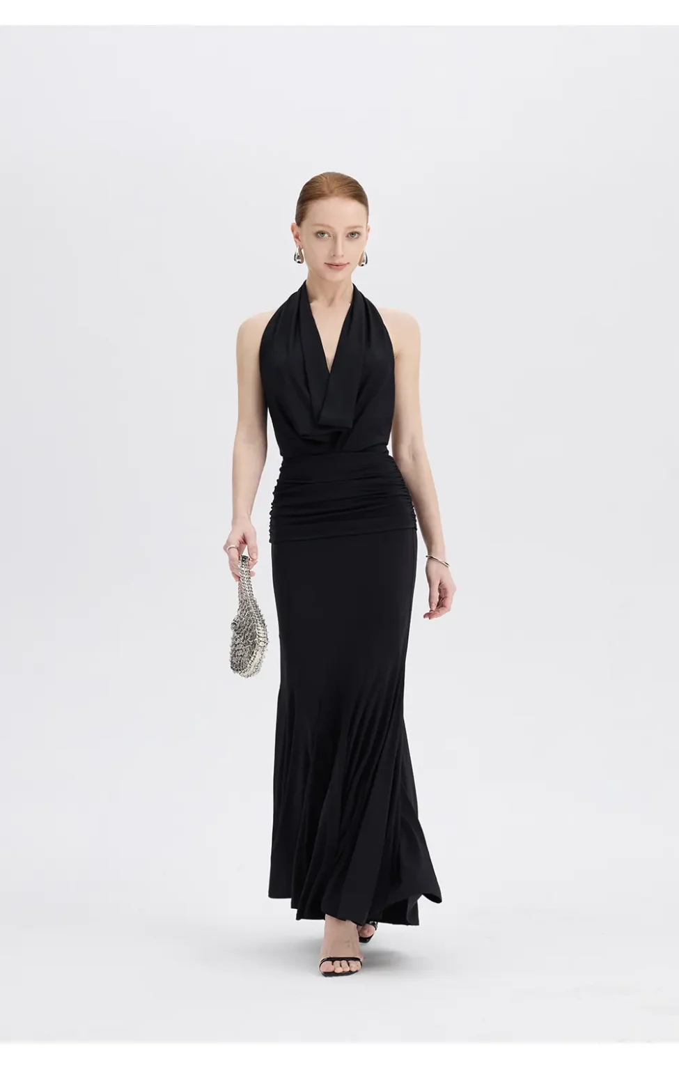 ousph black cowl neck halter mermaid maxi dress front view