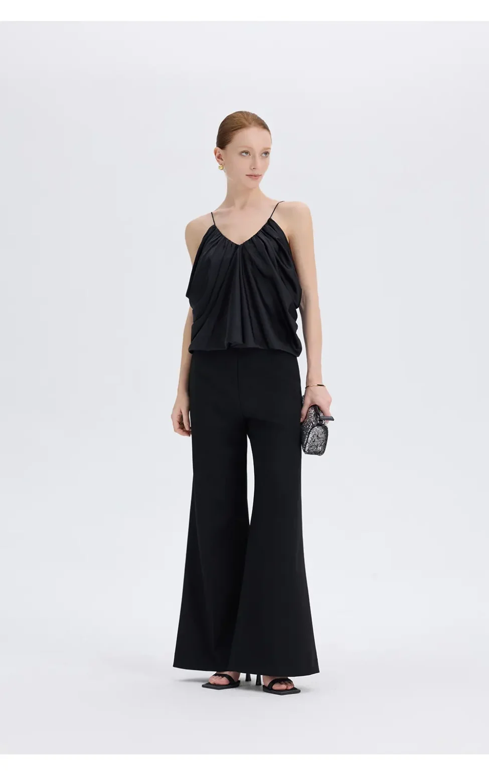 ousph black gathered v-neck spaghetti strap camisole top front view