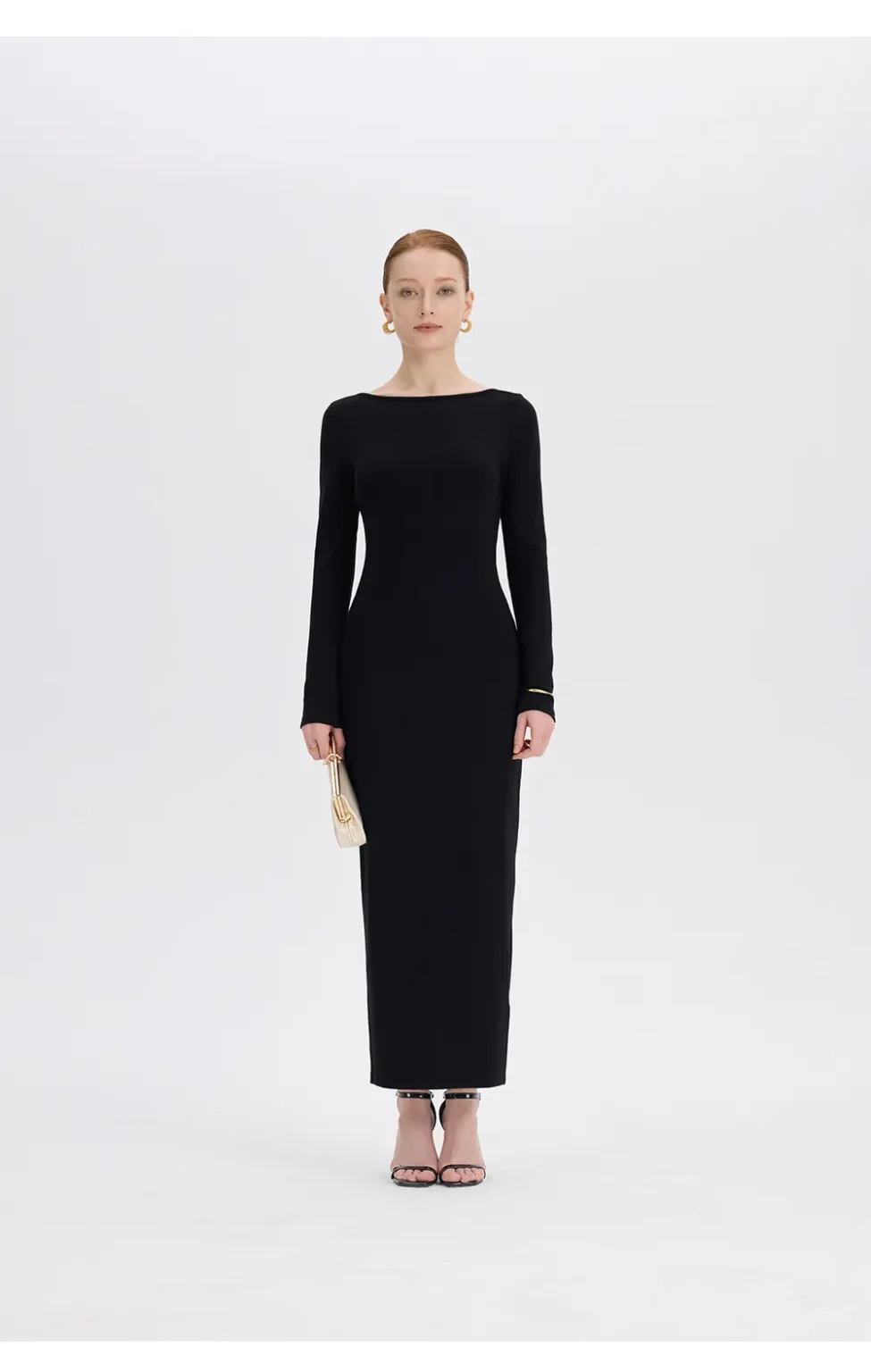 ousph black long sleeve boat neck maxi dress full front view