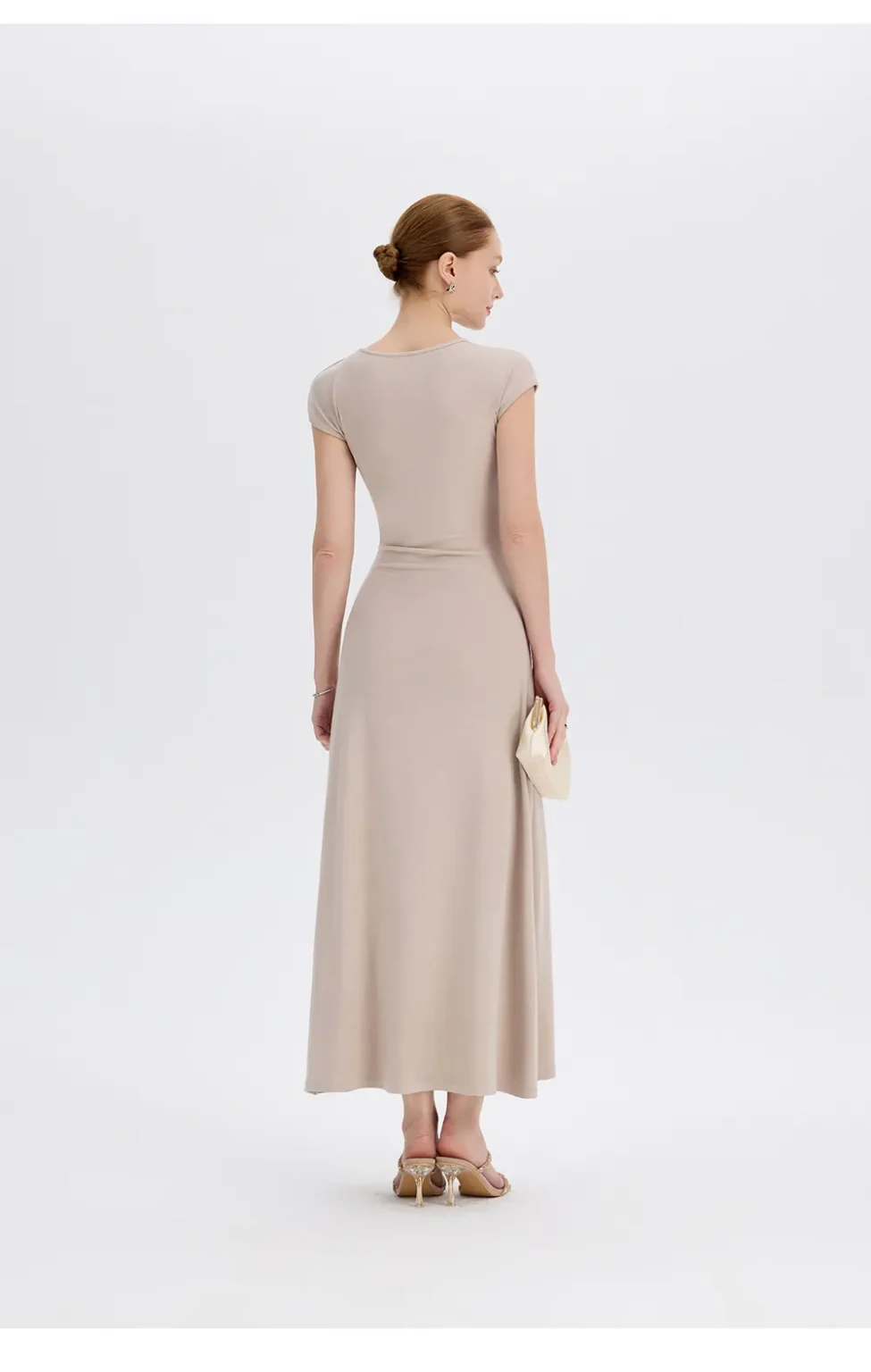 ousph beige cap sleeve crew neck maxi dress back view