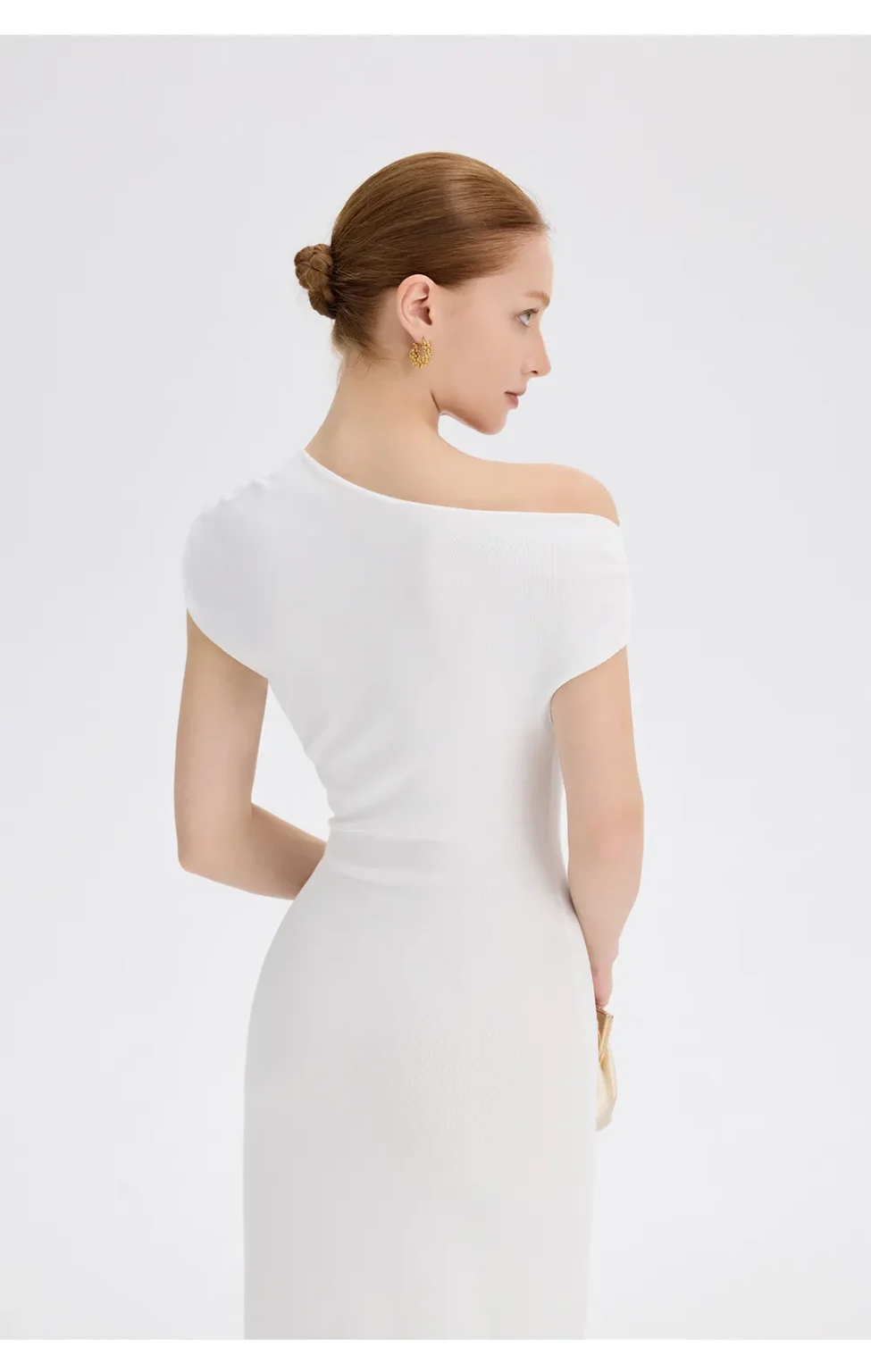ousph white asymmetrical off-the-shoulder maxi dress back view