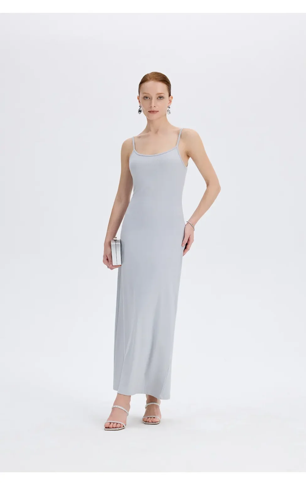 ousph powder blue spaghetti strap scoop neck maxi dress front view