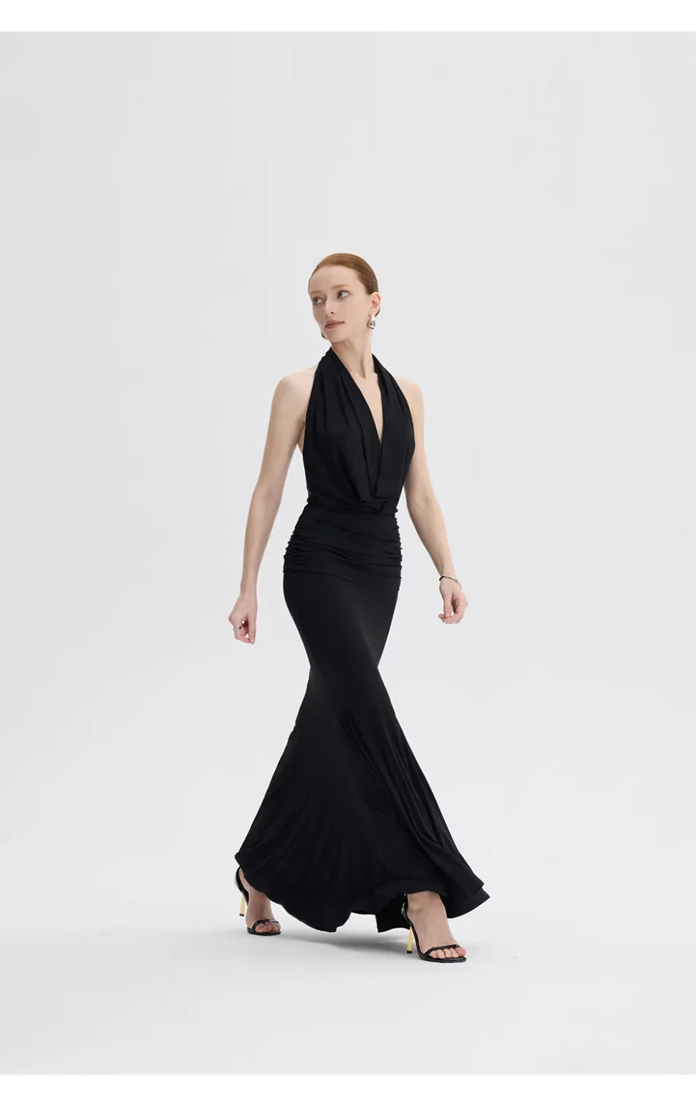 ousph black cowl neck halter mermaid maxi dress walking view