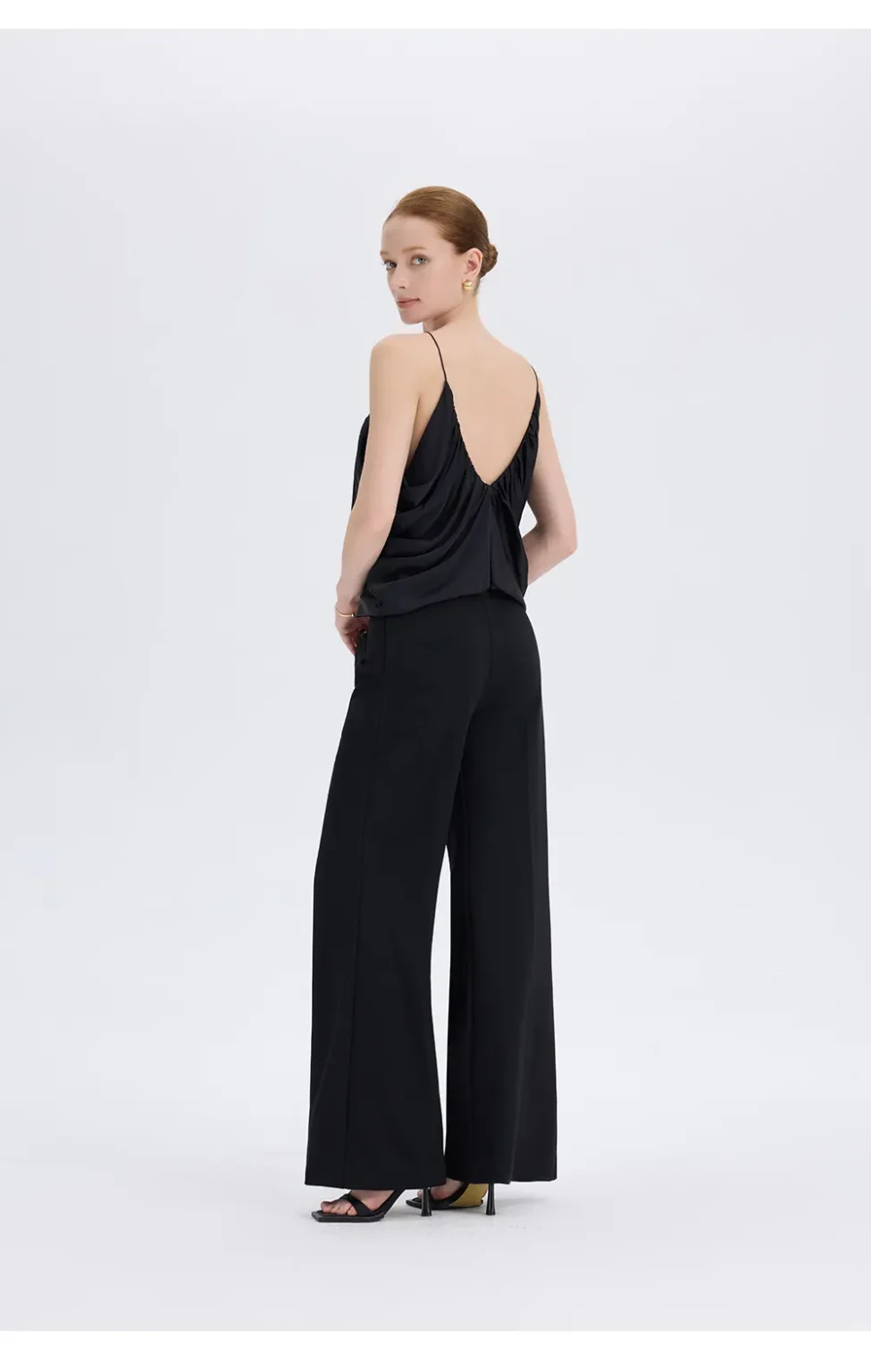 ousph black gathered v-neck spaghetti strap camisole top side view