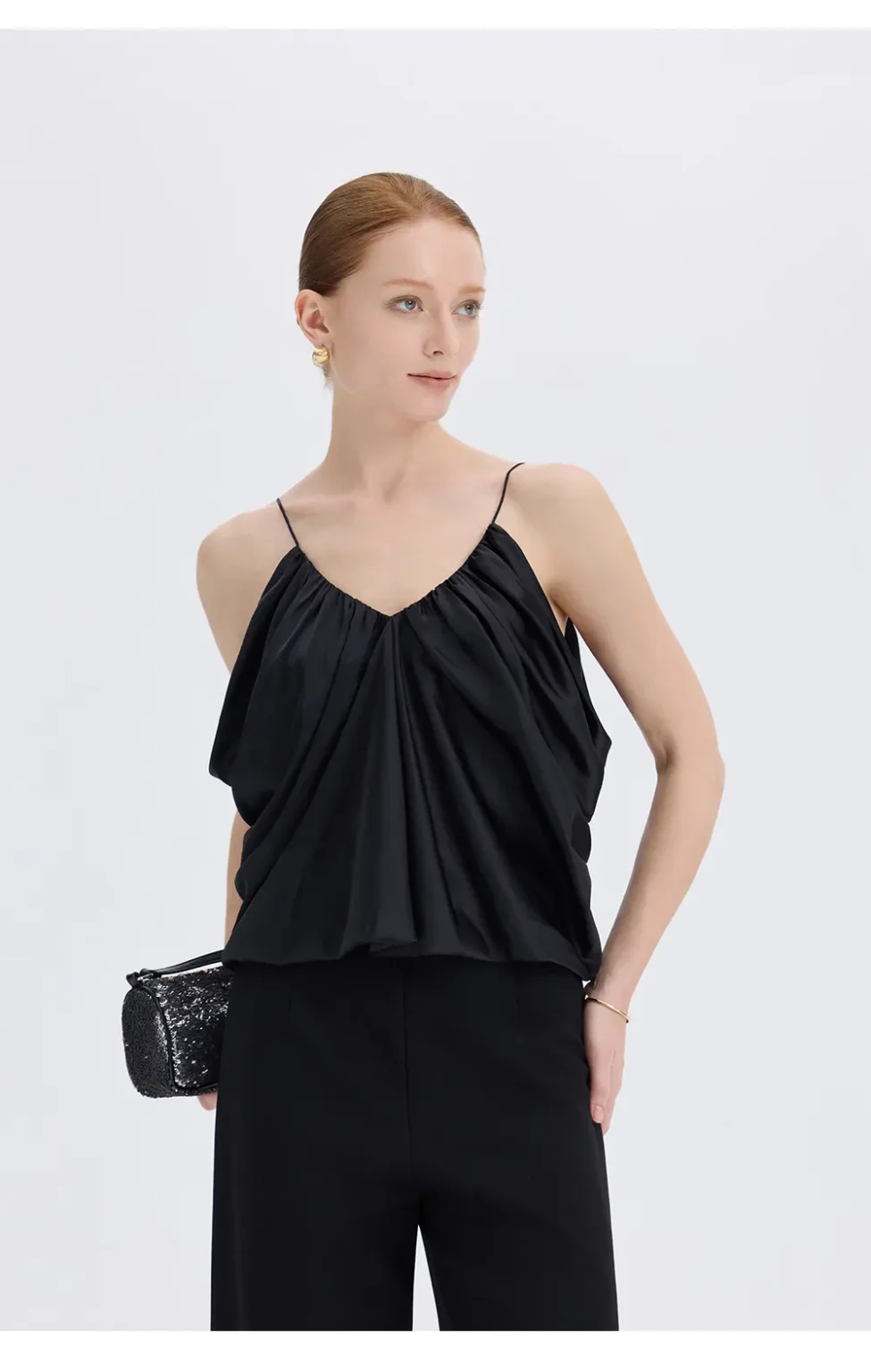 ousph black gathered v-neck spaghetti strap camisole top front close-up