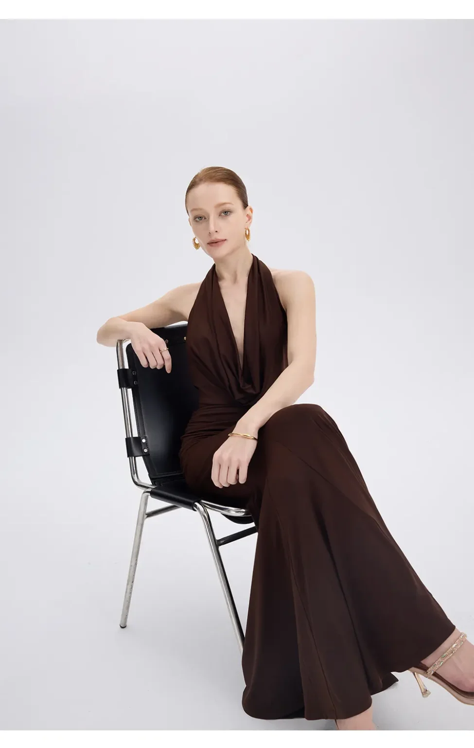 ousph dark brown cowl neck halter mermaid maxi dress sitting view