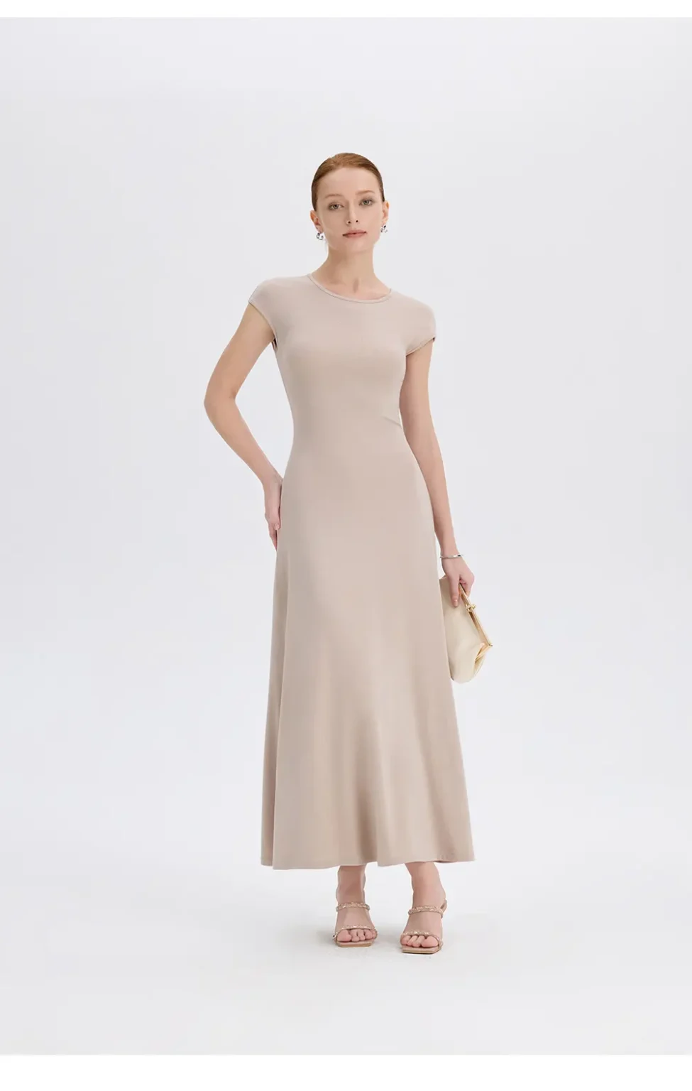 ousph beige cap sleeve crew neck waisted maxi dress front view