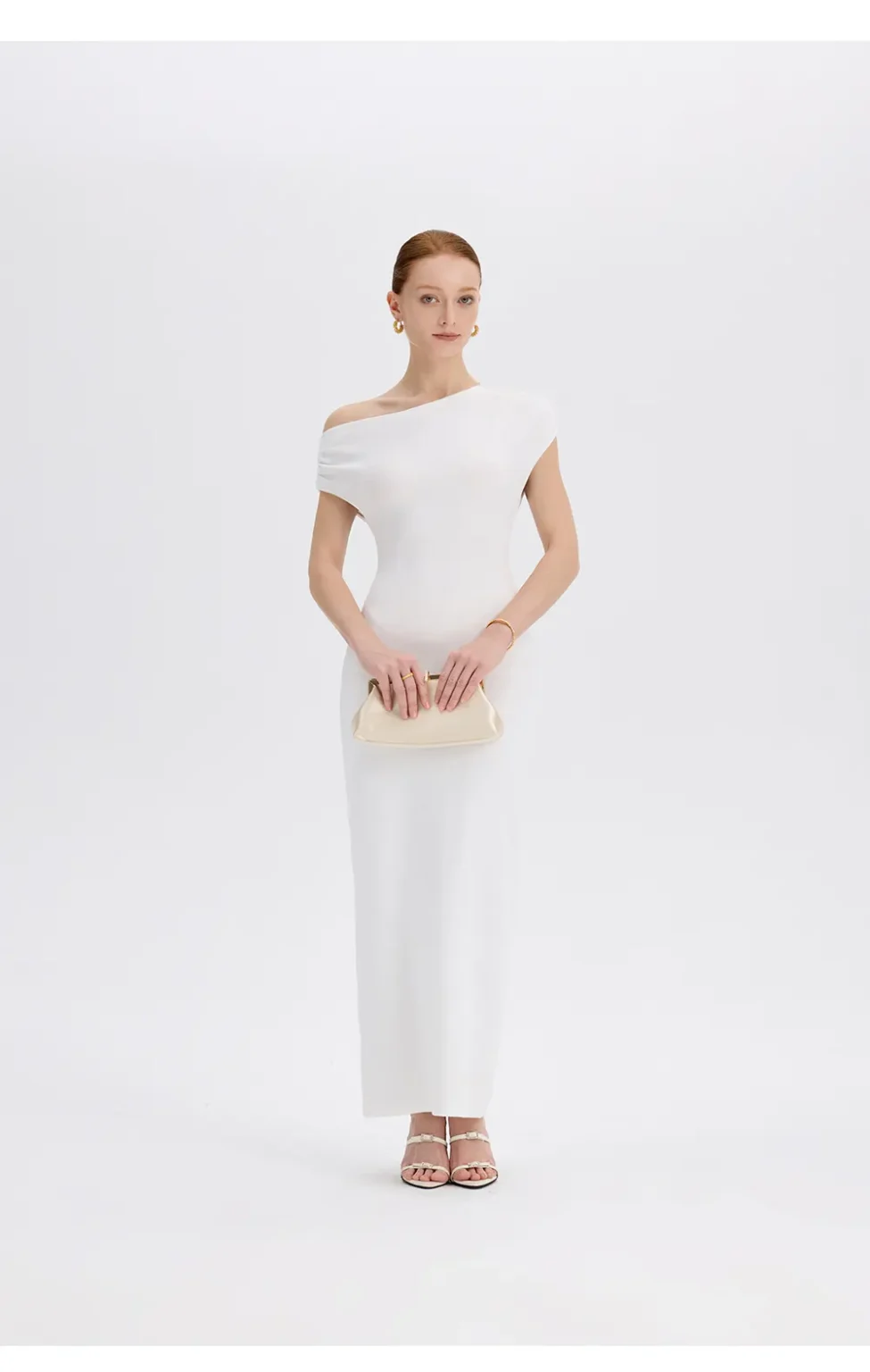 ousph white asymmetrical off-the-shoulder maxi dress front view