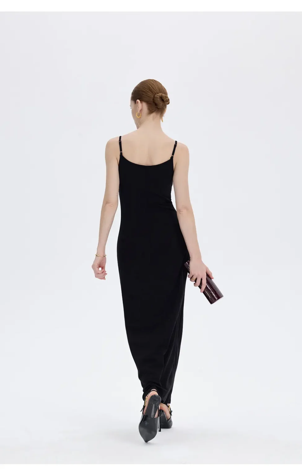 ousph black spaghetti strap scoop neck maxi dress walking back view