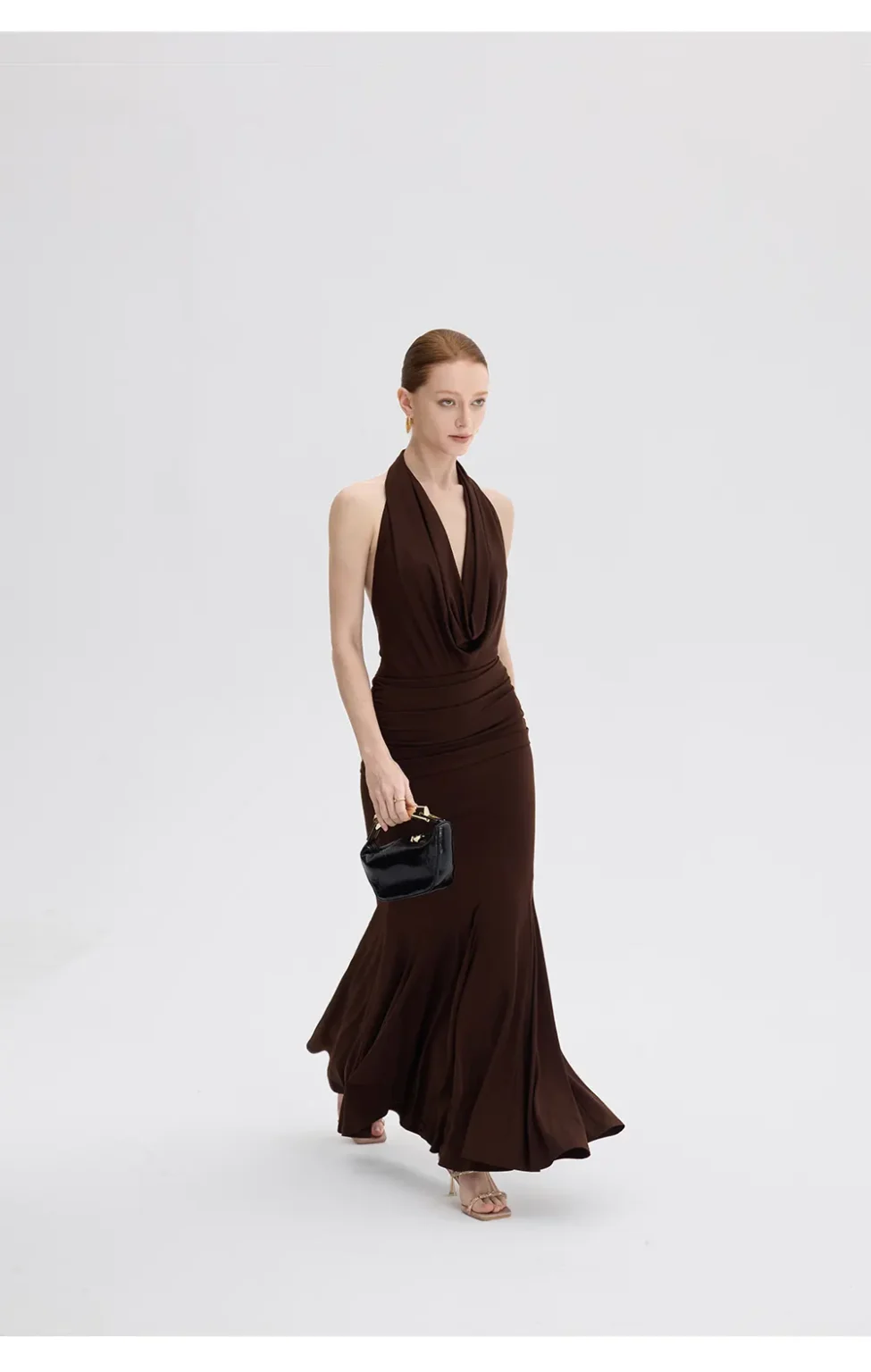 ousph dark brown cowl neck halter mermaid maxi dress walking view