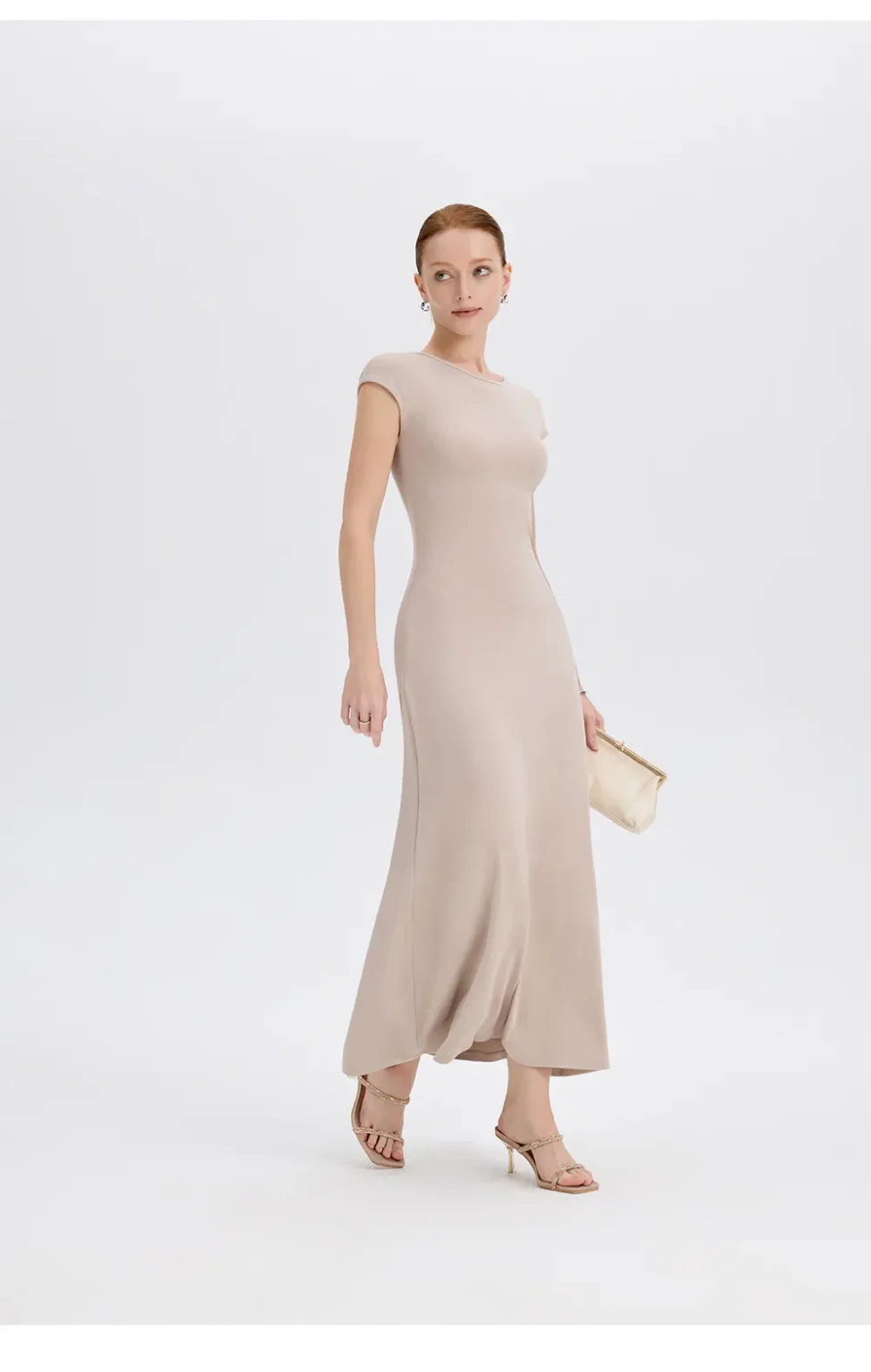 ousph beige cap sleeve crew neck maxi dress side view