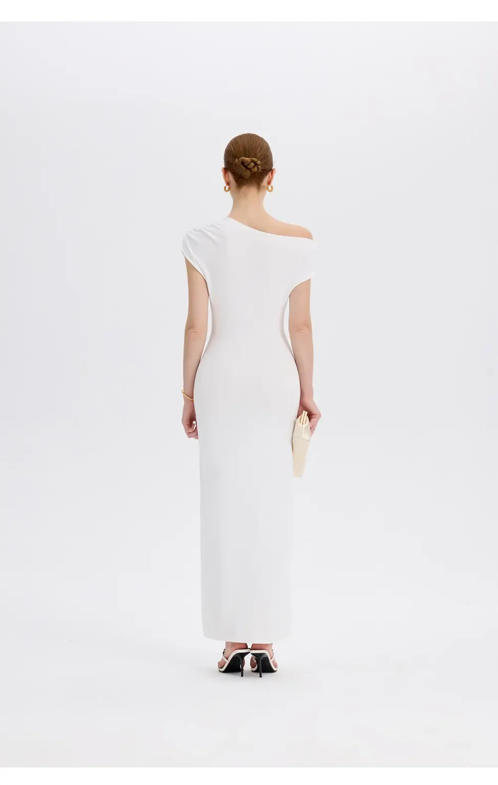 ousph white asymmetrical off-the-shoulder maxi dress back view
