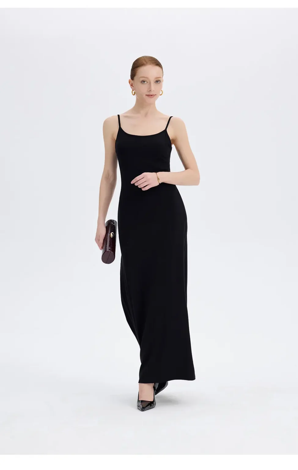 ousph black spaghetti strap scoop neck maxi dress walking front view