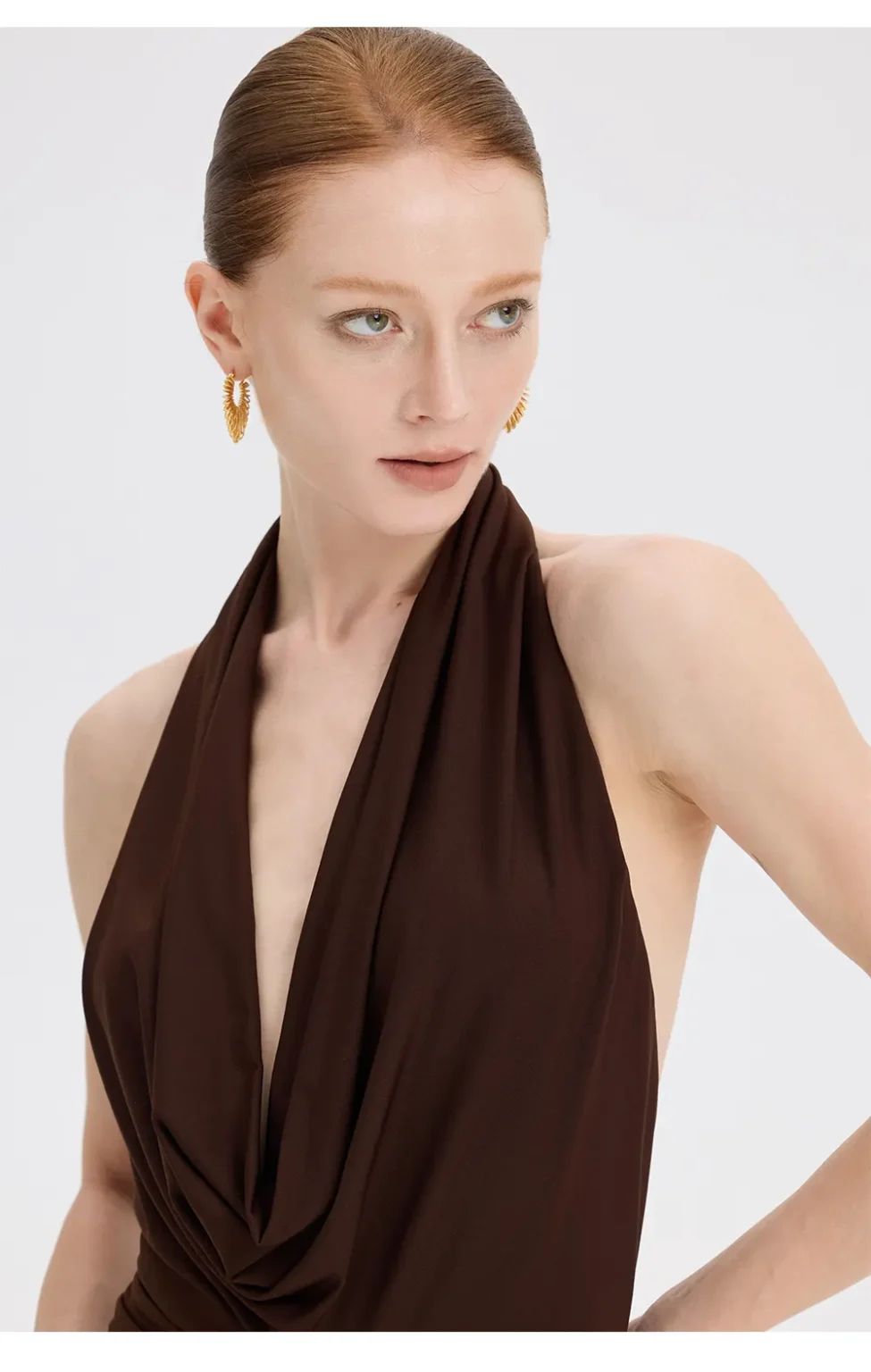 ousph dark brown cowl neck halter maxi dress front close-up