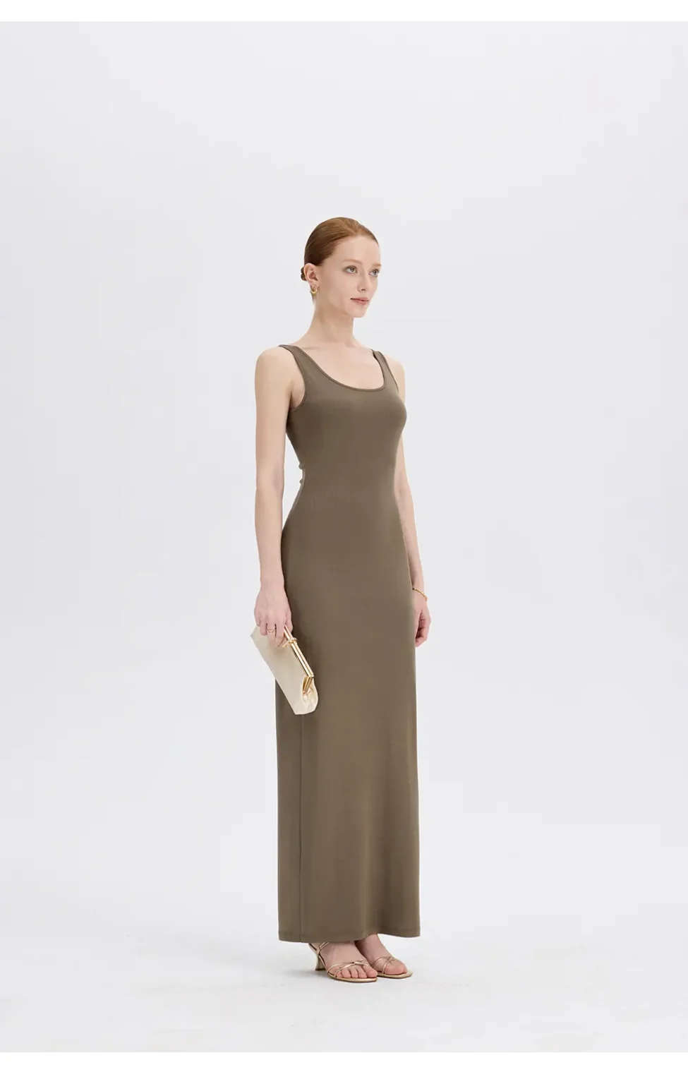 ousph dusty olive u-neck sleeveless maxi dress front view