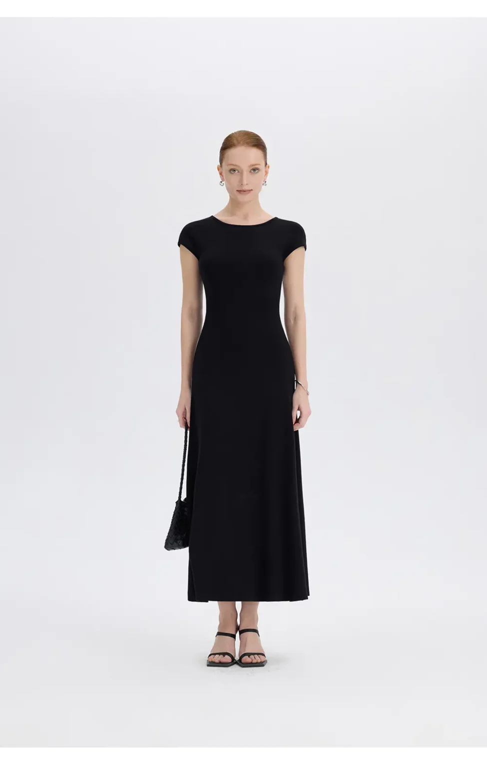 ousph black cap sleeve crew neck waisted maxi dress front view