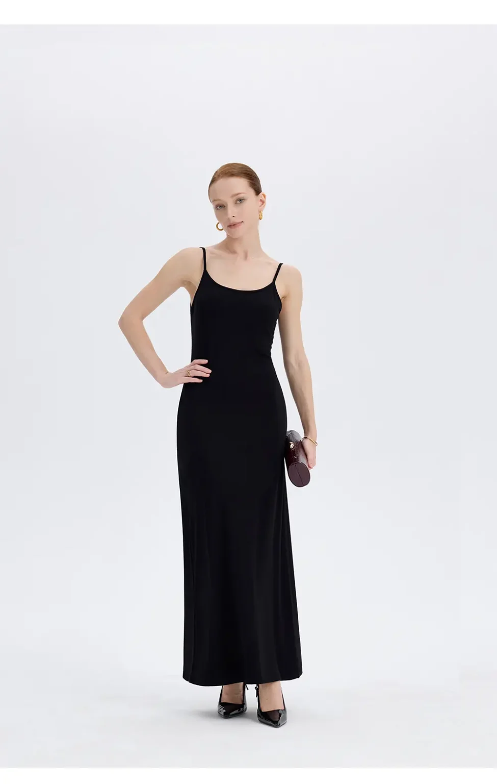 ousph black spaghetti strap scoop neck maxi dress front view