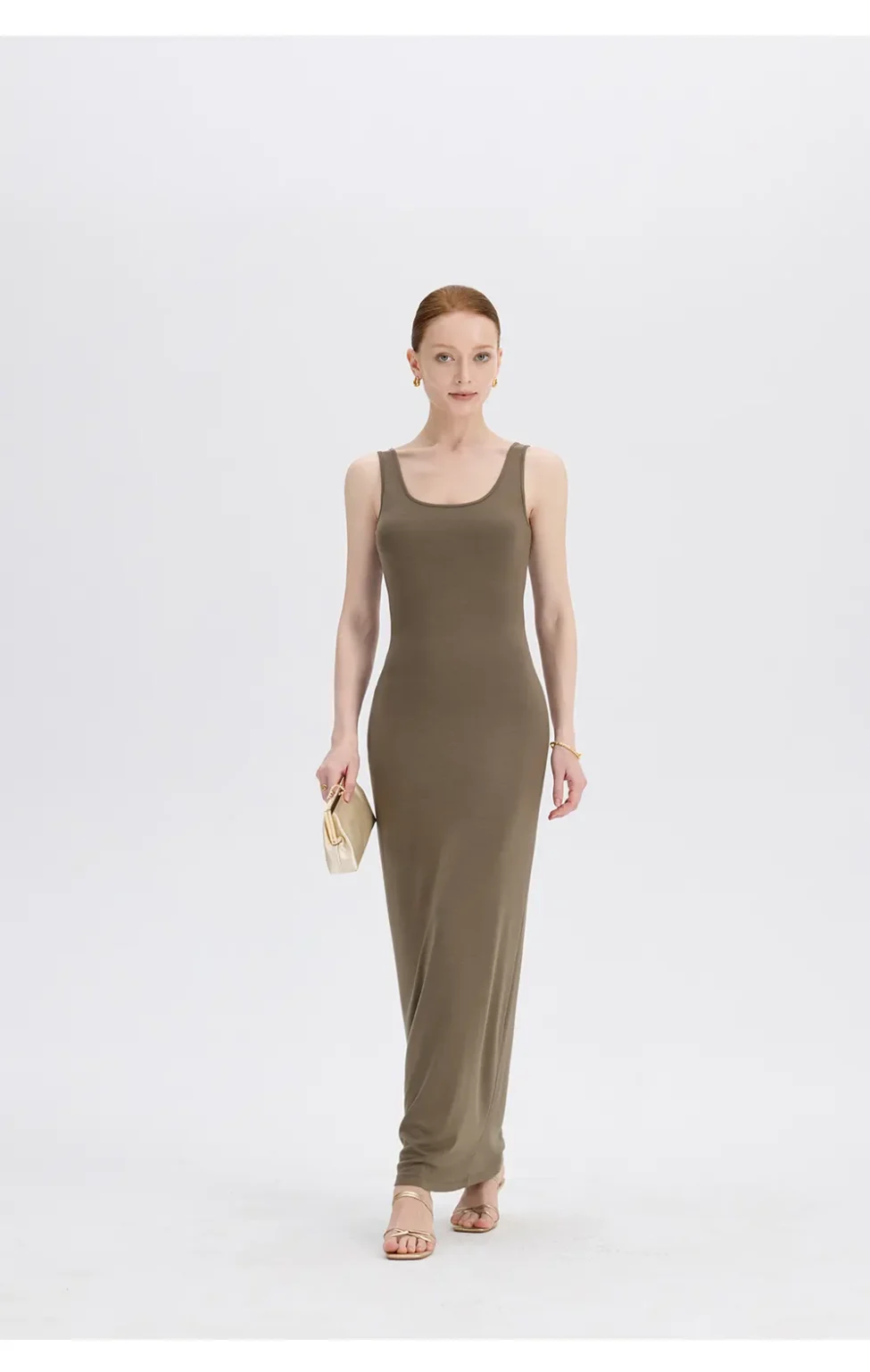 ousph dusty olive u-neck sleeveless maxi dress walking view
