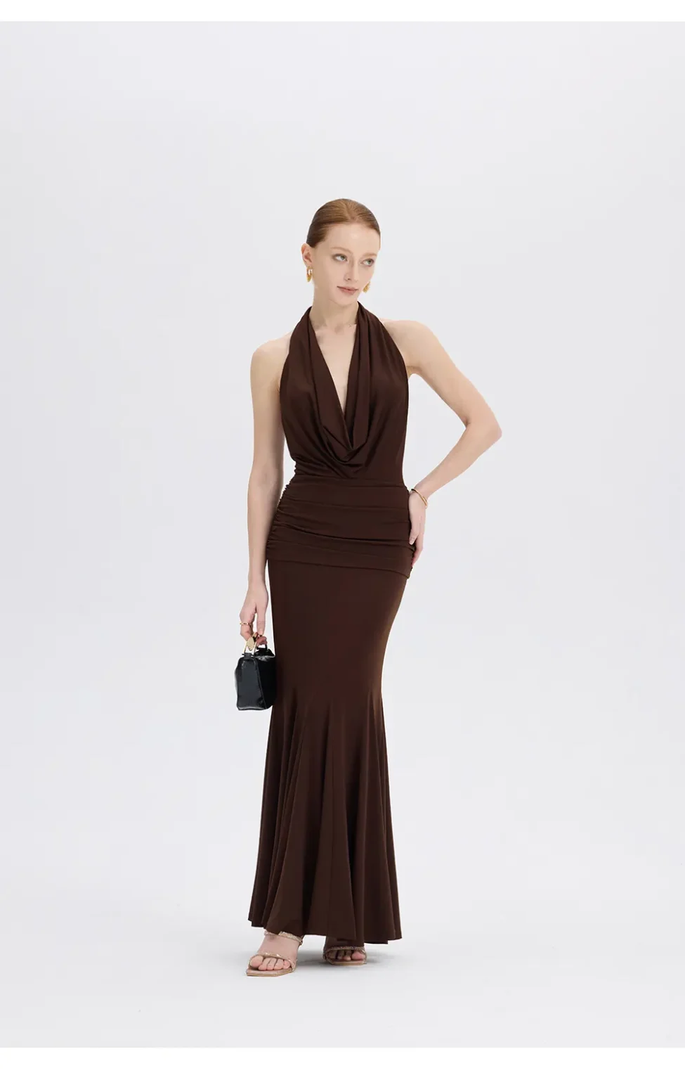ousph dark brown cowl neck halter mermaid maxi dress front view