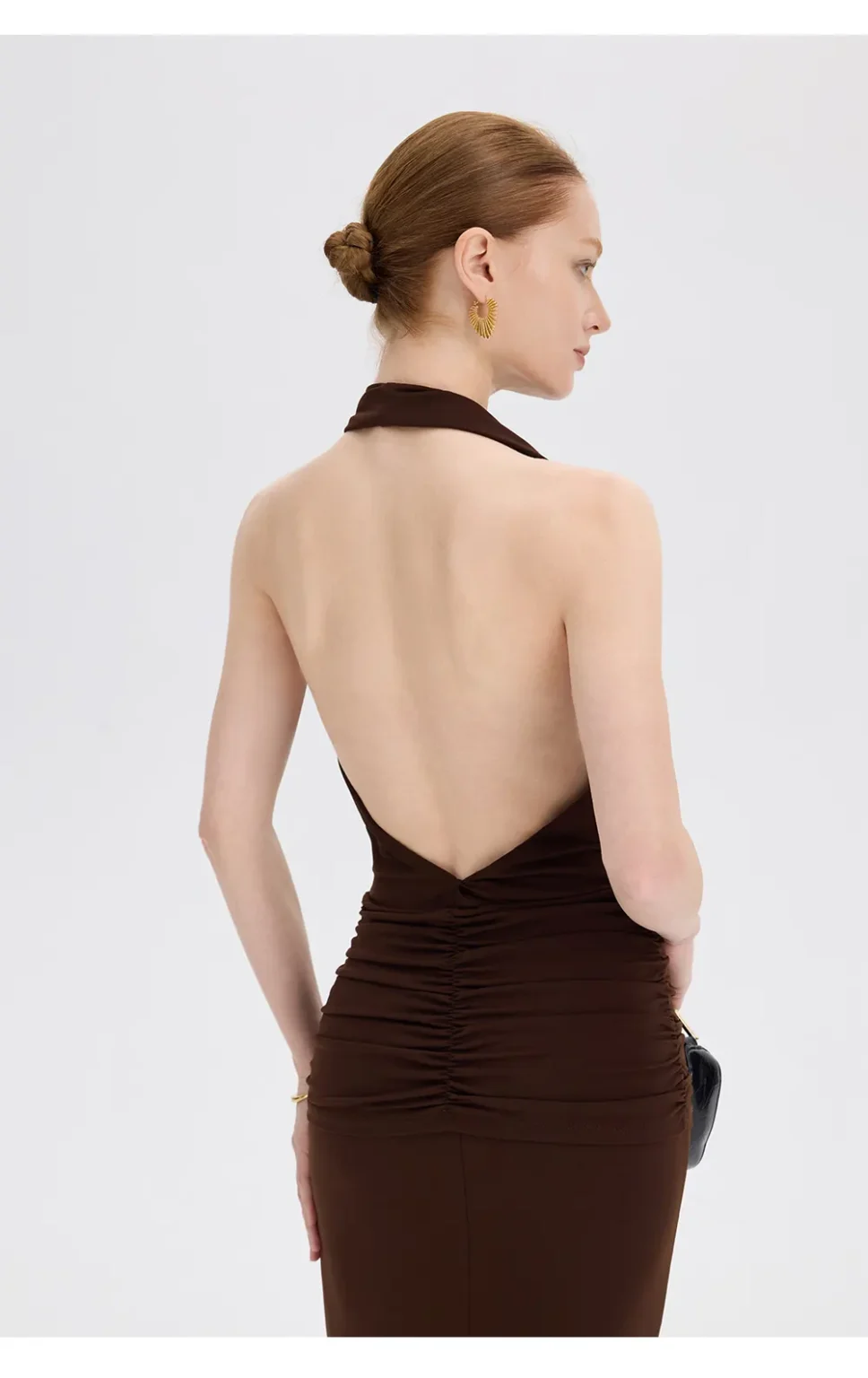ousph dark brown cowl neck halter mermaid maxi dress back view