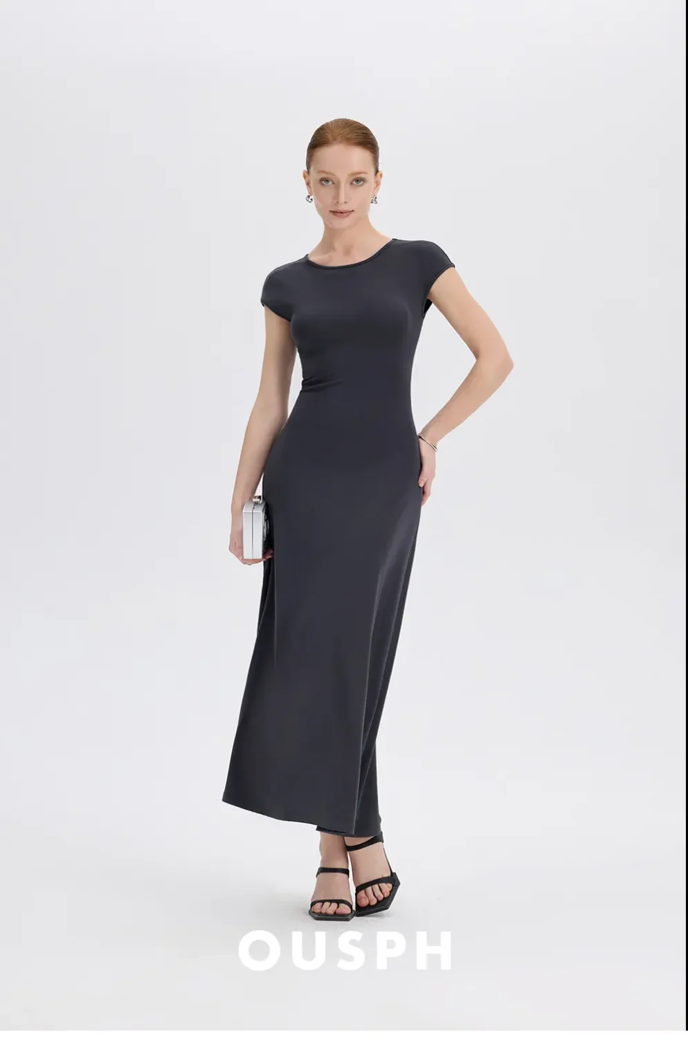 ousph cap sleeve crew neck maxi dress brand logo shot