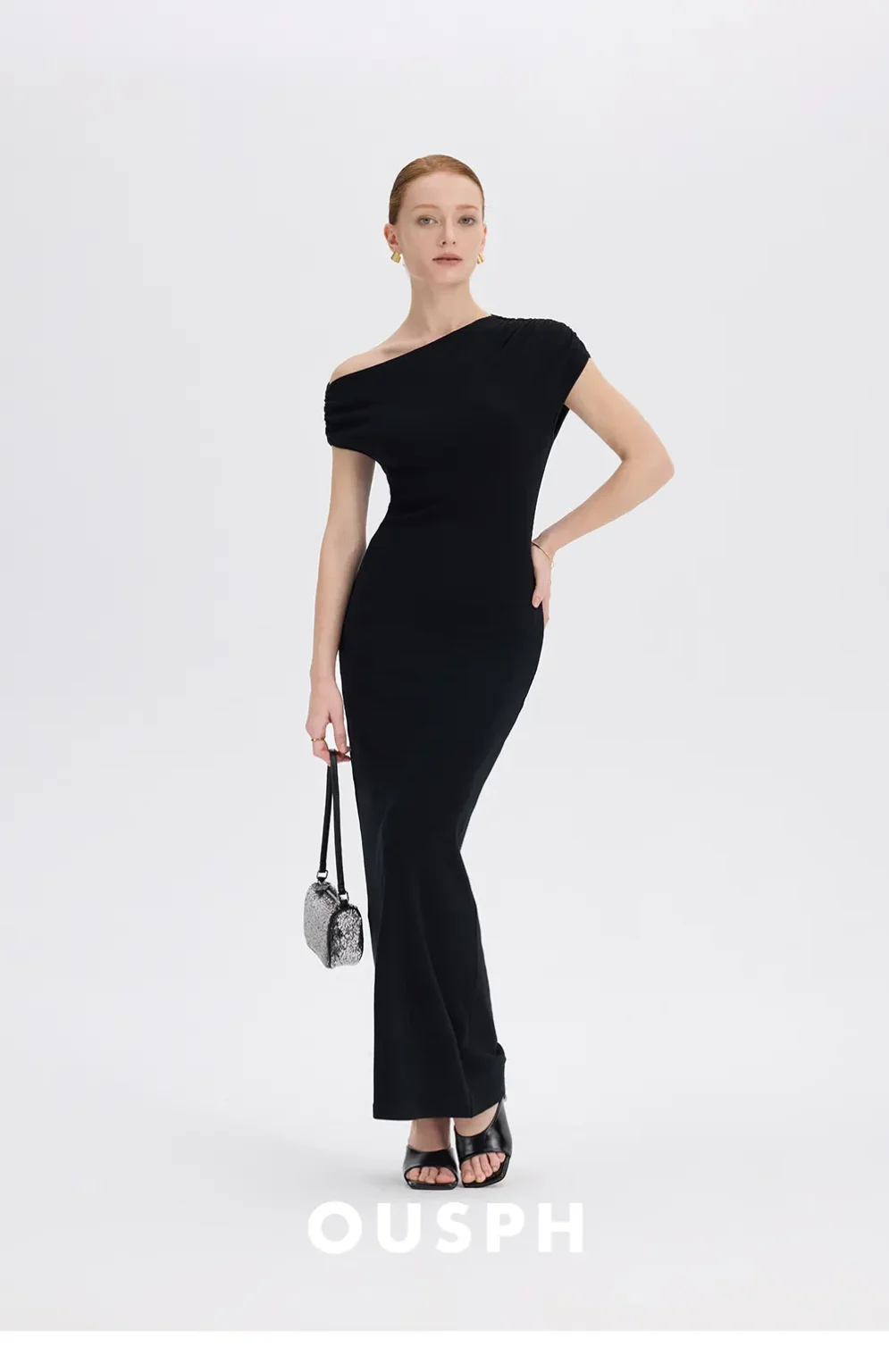 ousph asymmetrical off-the-shoulder maxi dress brand logo shot