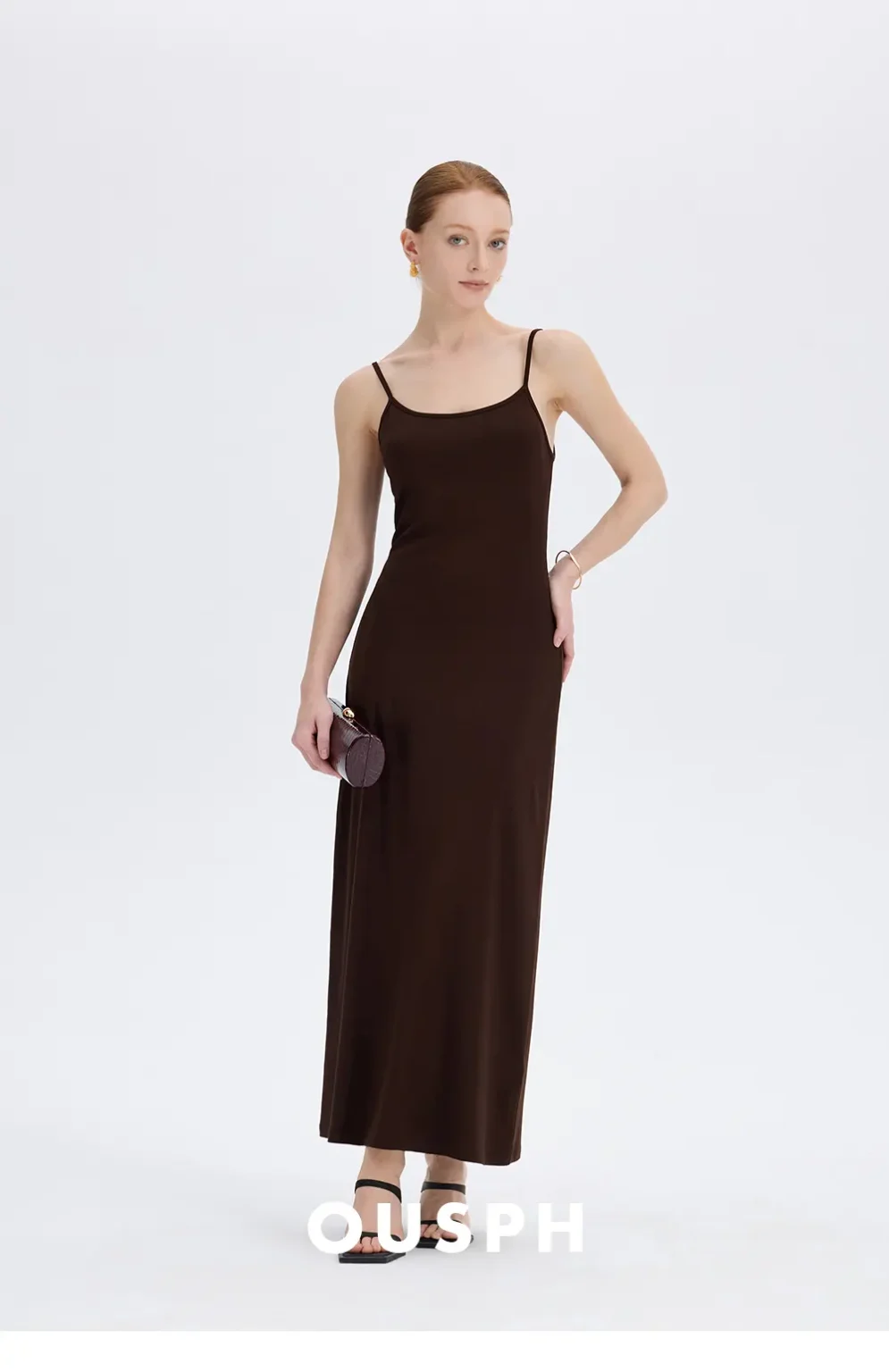 ousph spaghetti strap maxi dress brand logo shot