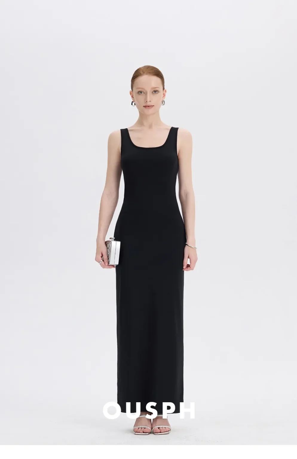ousph u-neck sleeveless maxi dress brand logo shot