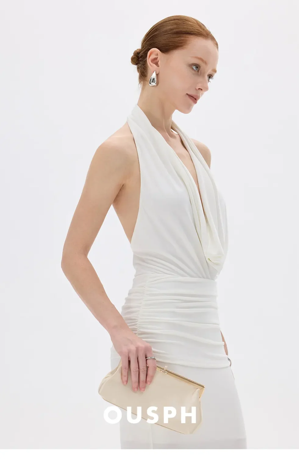 ousph cowl neck halter maxi dress brand logo shot