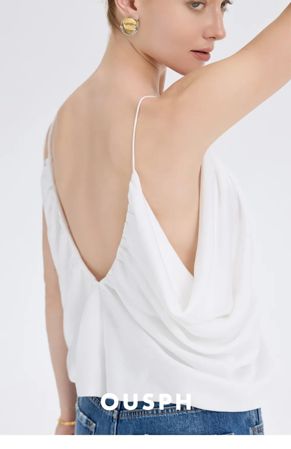 ousph white gathered v-neck spaghetti strap camisole top back close-up