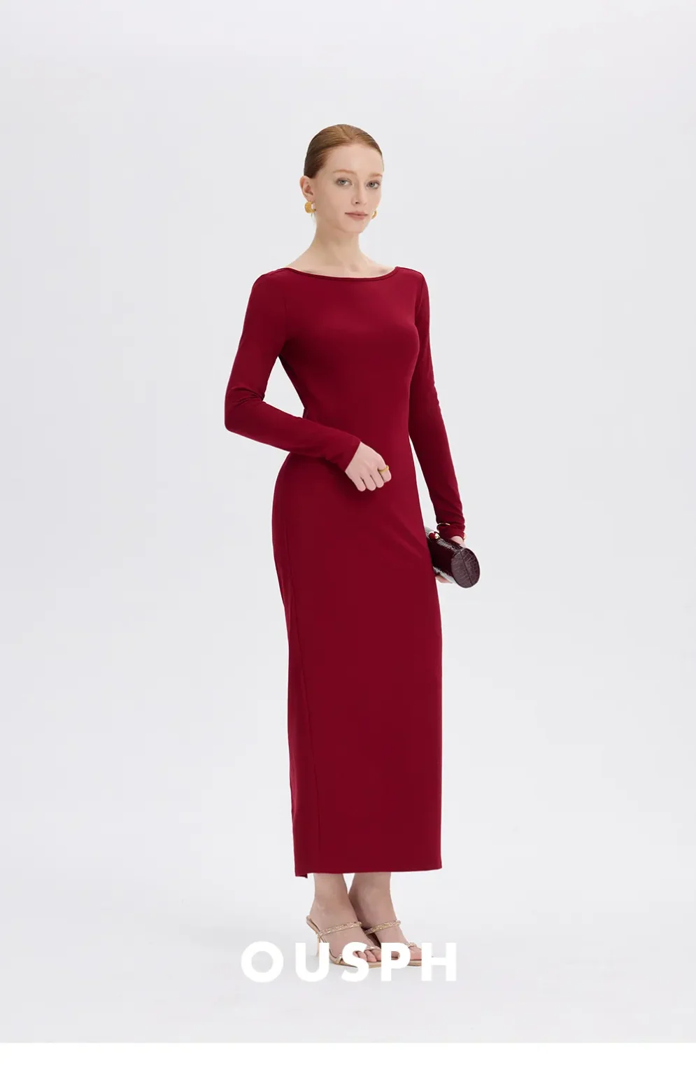 ousph burgundy long sleeve boat neck maxi dress full front view